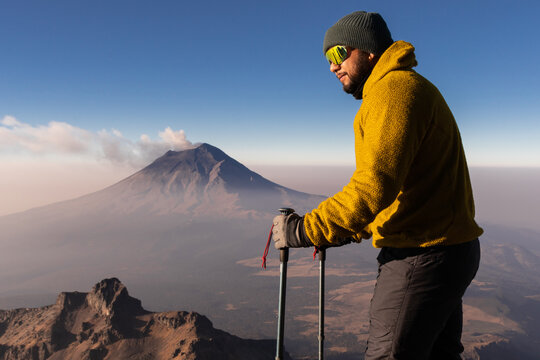 Hiker Overlooking Popocat&eacute;petl from Iztacc&iacute;huatl Slope