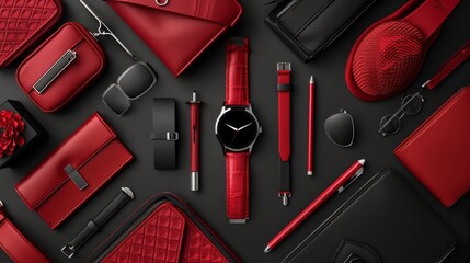 Stylish collection of red accessories on dark background