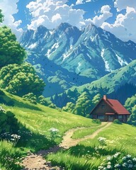 Landscape work of art with wooden house. Mountains on the horizon. Blue sky with white fluffy clouds.