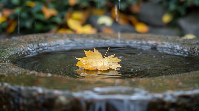 A single yellow maple leaf floating on the surface of a still pond. The leaf is perfectly centered in the frame, and the water is crystal clear.