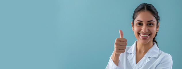 banner, wide shot of young Indian female doctor in white scrubs doing delicious thumbs up sign, smiling looking in camera, happy expression, blue background copy space