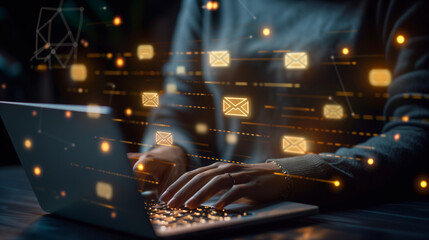 A person is typing on a laptop, surrounded by a digital network of glowing email icons and connections