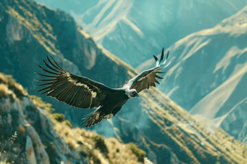 Fototapeta premium A large bird soaring over a lush green landscape. Suitable for nature and wildlife themes