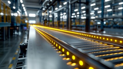 Fototapeta premium Factory conveyor belt with glowing yellow lights