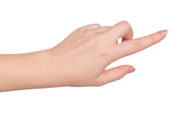 Pointing gesture. Woman's hand with index finger pointing to something. PNG isolated on transparent background