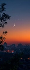A beautiful cityscape with a crescent moon and stars in the sky