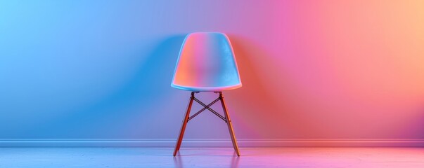 The image shows a white chair placed in a room with a blue and pink gradient background