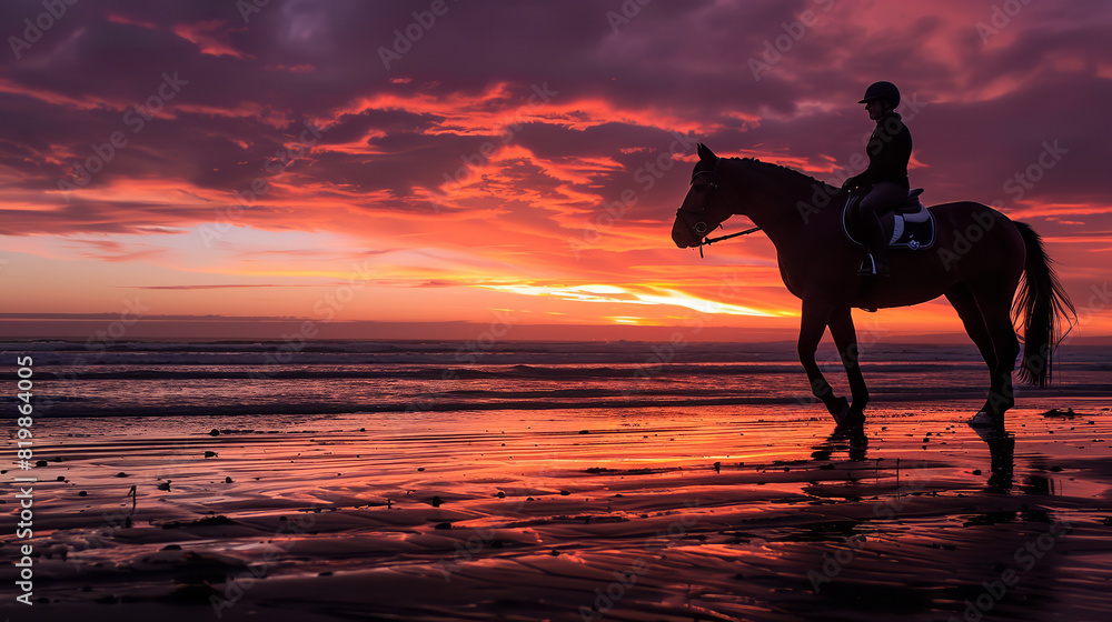 Canvas Prints Serene Beach Sunset Horseback Ride with Vibrant Sky and Ocean  