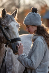 Obraz premium Gentle Morning Grooming Session of Grey Horse by Young Rider 
