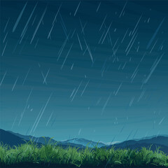 Raining in countryside landscape have glass fields, mountain range and dusk sky background flat design graphic illustration have blank space.