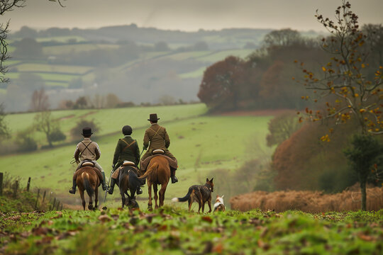 Traditional Fox Hunt with Riders and Hounds in Picturesque Hills  