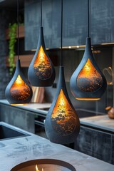 A group of four hanging lamps are lit in a kitchen, AI