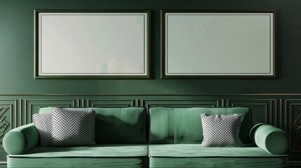 Art Deco inspired living area with a jade green sofa and two horizontal poster frames featuring geometric Art Deco patterns, on a dark green wall.