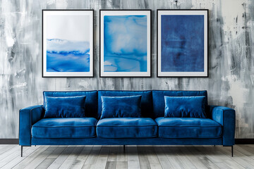 Avant-garde studio with a bright cobalt blue sofa and three horizontal poster frames displaying avant-garde art pieces, on a minimalist grey wall. - Powered by Adobe