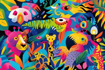 A vibrant group of animals in a lush jungle setting. Suitable for educational materials or children's books