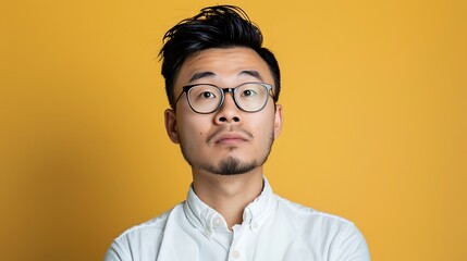 Obraz premium Quirky Moments: Young Asian Man in Funny Expression and Casual Work Attire, Real Lifestyle Photo Concept