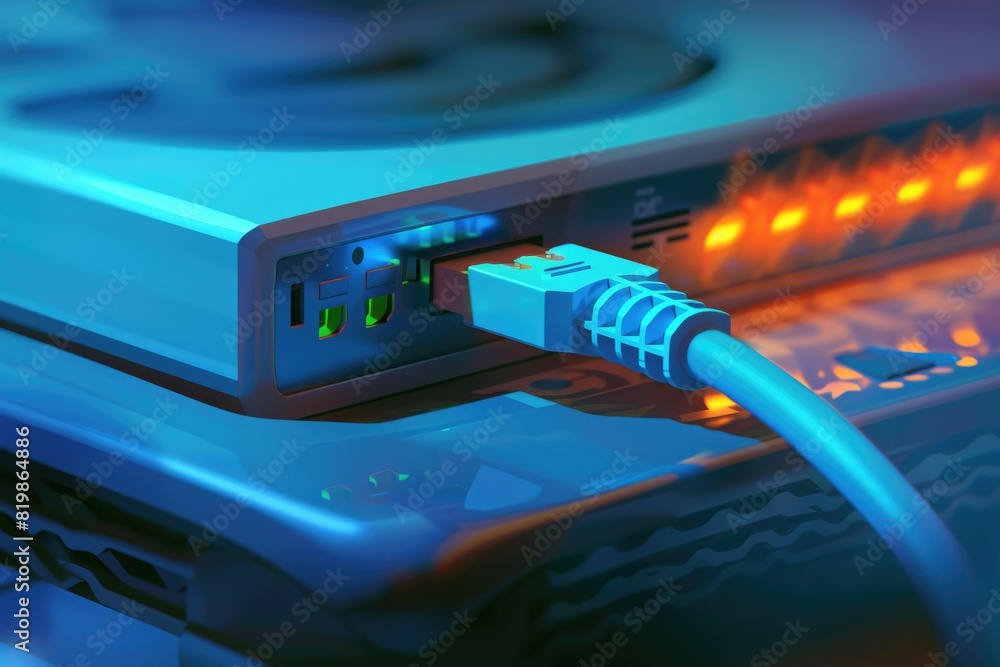 Poster close up of a device with a cable connection, suitable for technology concepts