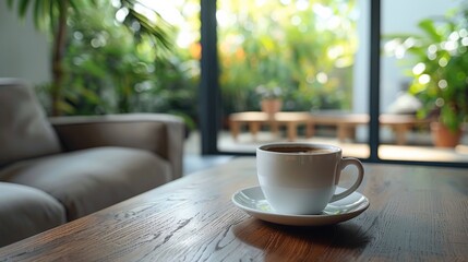A cup of coffee on a table in front of an open door, AI