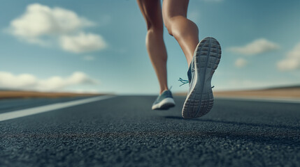 a female athlete runs with fierce determination along an empty highway road, her focused gaze fixed on the horizon ahead.