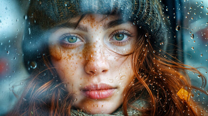 Young woman with green eyes and red hair, viewed through a rain-speckled window, evoking themes of introspection, solitude, and emotional depth on a rainy day