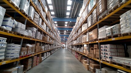 Fototapeta premium Rows of shelves filled with neatly stacked crates and boxes