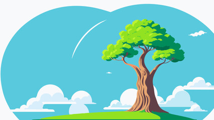 Tree on a green island with clouds in the background and a blue sky, vector art, colorful flat surreal design, environmental art