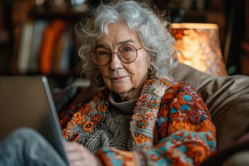 An elderly lady with glasses looks at the camera while using her laptop, giving off a sense of learning and connectivity