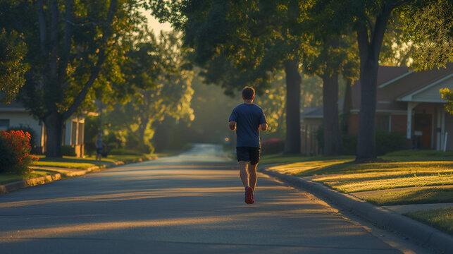 a man embarks on a solitary run through the tranquil beauty of a suburban neighborhood. The quiet streets stretch out before him, lined with trees and neatly manicured lawns,
