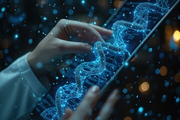 Abstract luminous DNA molecule Doctor using tablet and check with analysis chromosome DNA genetic of human on virtual interface Medicine Medical science and biotechnology