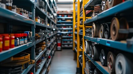 Rows of shelves in a car repair shop's parts store