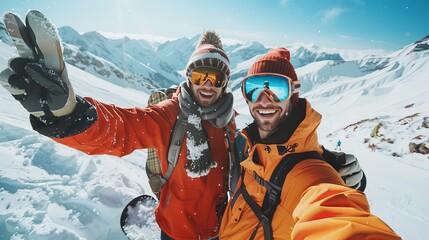 gay couple snowboarders posing at the camera in winter