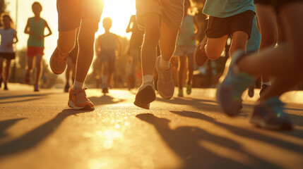 In a bustling cityscape, young athletes and children race through the streets, their feet pounding the pavement with zeal and determination.