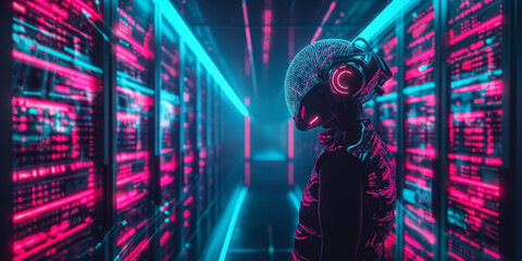 A futuristic robot in a data center illuminated by neon lights, symbolizing advanced cybersecurity and AI technology, meticulously monitoring and securing digital networks.