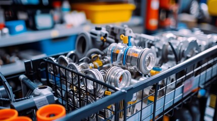 Shop trolley filled with various car components such as engine parts - Powered by Adobe