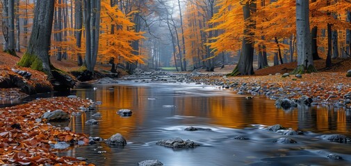 A tranquil forest stream surrounded by vibrant autumn foliage and tall trees reflecting in the calm water creating a serene nature scene.