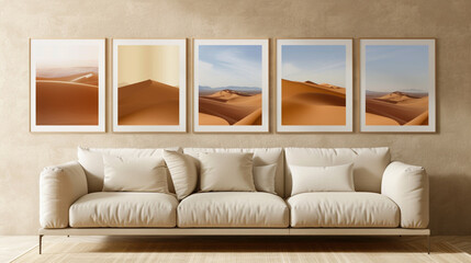 Contemporary home with a cream sofa and five horizontal poster frames featuring minimalist desert landscapes, on a warm beige wall.