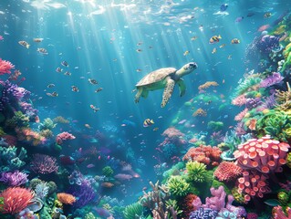 Fototapeta premium A vibrant underwater scene with a sea turtle swimming among colorful coral reefs and various fish, illuminated by sunlight penetrating the water.