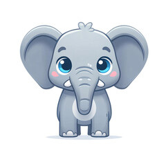 Obraz premium A cute, cartoon-style elephant standing frontally on a transparent background. The elephant has large, floppy ears, and tusks that curve gently upwards