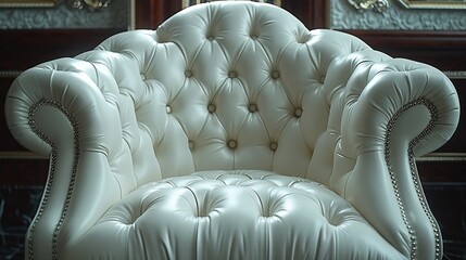 A white chair with a tufted back and nail head trim, AI