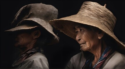 Side portrait of a old rice working woman with hat isolated on black background. generative.ai