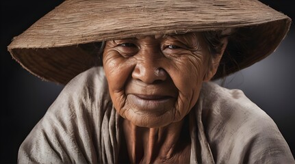 Side portrait of a old rice working woman with hat isolated on black background. generative.ai