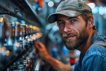 A man with a beard wearing a cap inspects a production line of filled beer bottles in a factory