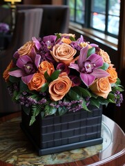 A vase filled with a vibrant mix of orange and purple flowers