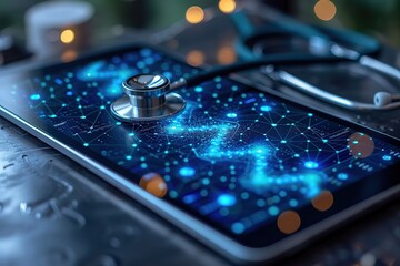 Close up of a stethoscope and digital tablet with virtual electronic medical record of patient on inter face Digital healthcare and network on modern virtual screen, DNA medical technology