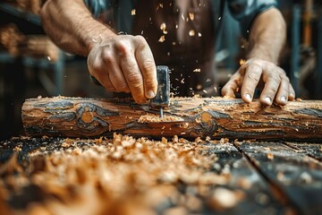 A carpenter is hand carving a piece of wood with a chisel and wood shavings flying around