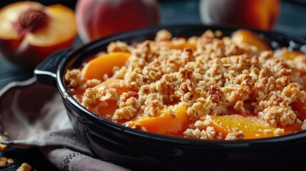 Fresh peaches in a bowl with delicious crumb topping, perfect for food and dessert concepts