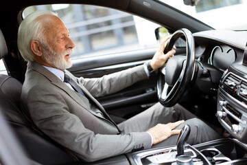 Distinguished elderly gentleman driving in a modern city on a sunny afternoon