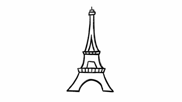 Hand drawn outline of the Eiffel Tower in black color on white background in loop stop motion animation. Scribble style picture of the most famous French sights known all over the world. Travel theme.