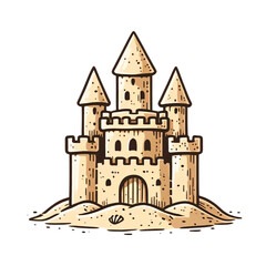Obraz premium A simple cartoon-style sandcastle drawn with bold outlines on a transparent background. The castle has three towers with battlements