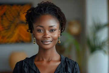 A portrait of a beautiful African woman with golden earrings and a confident gaze in a cozy indoor setting